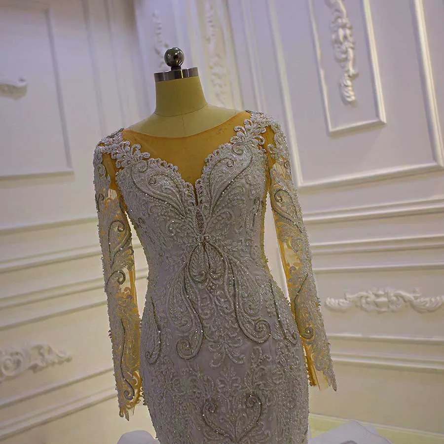 AM1078 Luxury Long Sleeve Lace Appliques Tiered Mermaid Wedding Dress