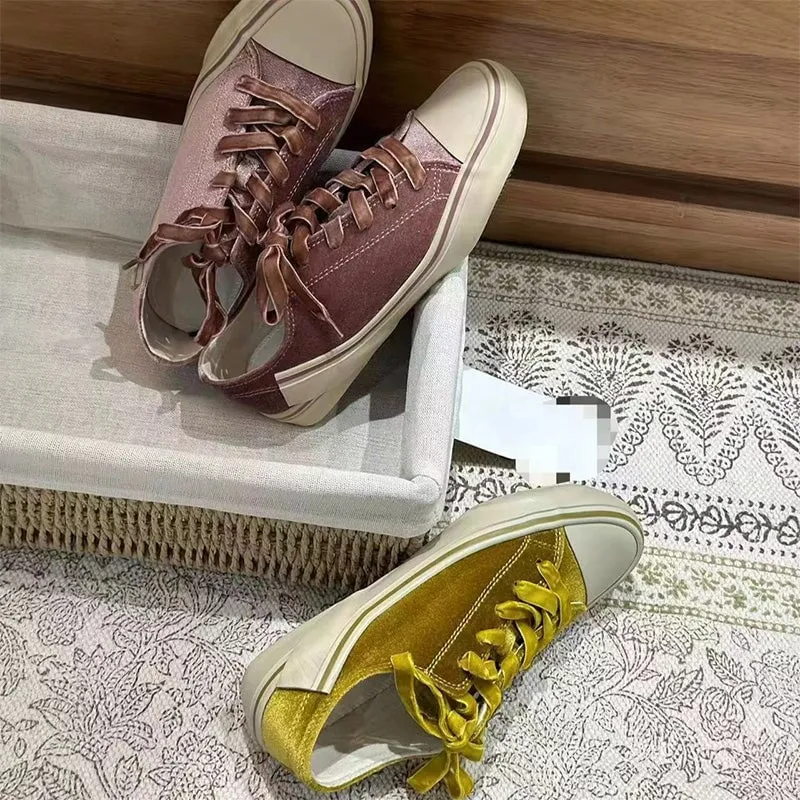 Designer Textile Sneakers Low top Round Toe Casual Slip On Flaty Shoes in Yellow/Pink