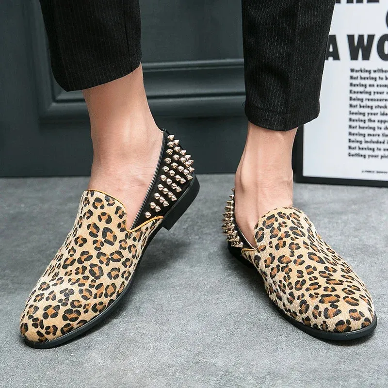 Hnzxzm Mens Luxury Big Size 38-48 Leopard Print Formal Dress Shoes Pointed Top Evening Party Shoes for Men Stylish Boy Yellow Sneakers