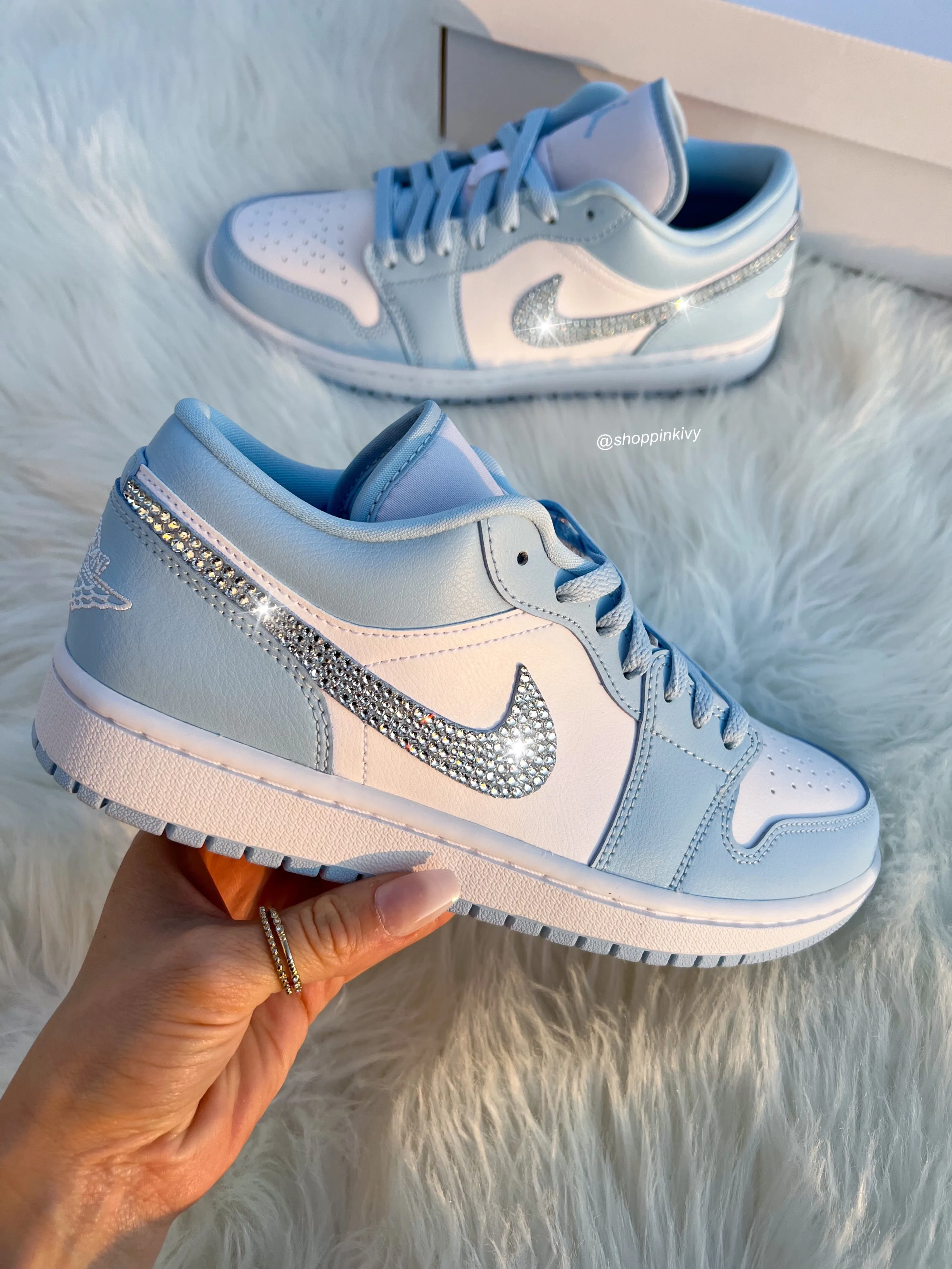 Ice Blue Swarovski Women’s Air Jordan Retro 1 Low Shoes