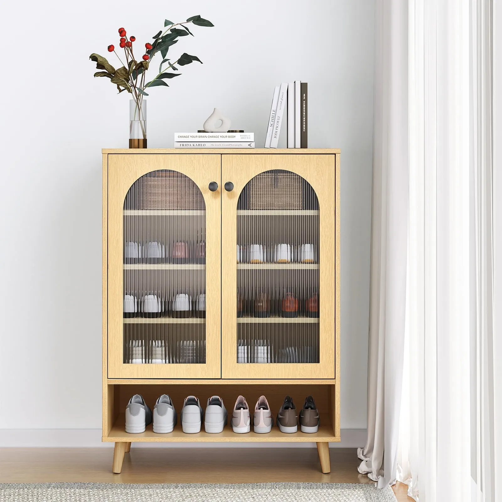 modern Boho Shoe Cabinet, Shoe Storage Cabinet with 5 Adustable Shelves Natural Rattan Slim Shoe Organizer Rack Narrow Entrance Shoes Console with Wood Legs for Entryway, Hallway