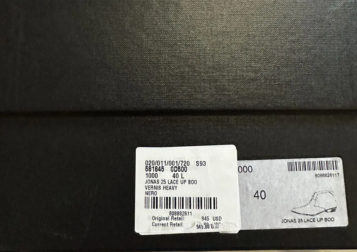 NIB $945 Saint Laurent Women Laced ankle boots in patent leather Black 10 US/40